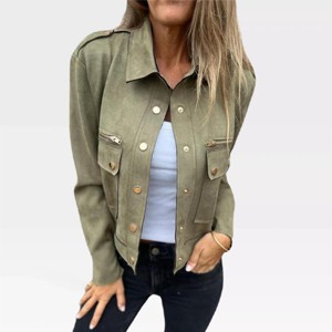 Faux Suede Jacket Women Casual Shackets Button Down Faux Leather Bomber Jacket with Pocket - 1 of 4