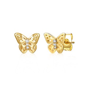 Guili 14k Yellow Gold Plated with Cubic Zirconia 3-Stone Filigree Butterfly Stud Earrings - 1 of 2