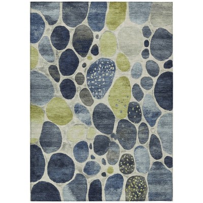 Denim Blue Ivory And Lime Green Geometric Washable Indoor Outdoor Area Rug
