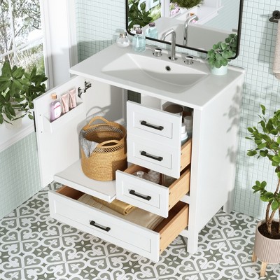 TIRAMISUBEST 30" Bathroom Vanity with Ceramic Sink, Freestanding Bathroom Vanity Cabinet with Soft Close Door, 3 Soft Close Drawers & Removable Tray