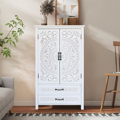 27'' Accent Storage Cabinet with Carved Doors & 2 Drawers,Tall White Pantry Sideboard for Entryway Living Room Organization-Baofuwish