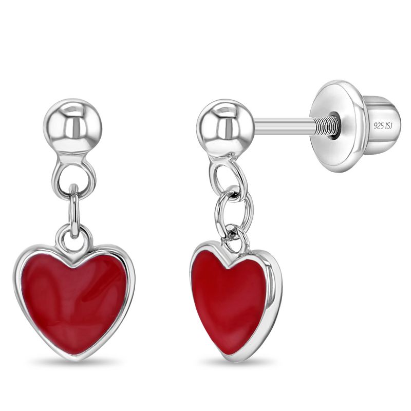 Girl's Lovely Heart Dangle Screw Back Sterling Silver Earrings - In Season Jewelry, 1 of 9