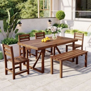 Janey 6-piece Acacia Wood Patio Dining Set, Outdoor Furniture with Removable Cushions, Ergonomic Chairs and Bench - Maison Boucle - 1 of 4