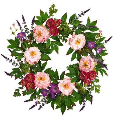 Nearly Natural 22” Assorted Peony Artificial Wreath