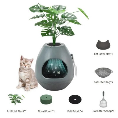 LunaLulinlk Grey upgraded version artificial plant cat litter box with deodorizing scoop