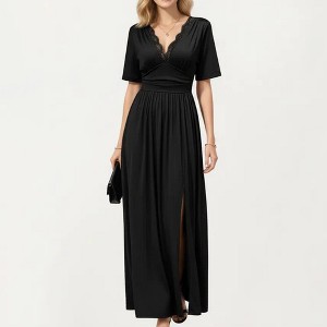 Anna-Kaci Short Sleeve Lace Trim Maxi Dress with V Neckline and Side Slit - Medium 8-10 / Black