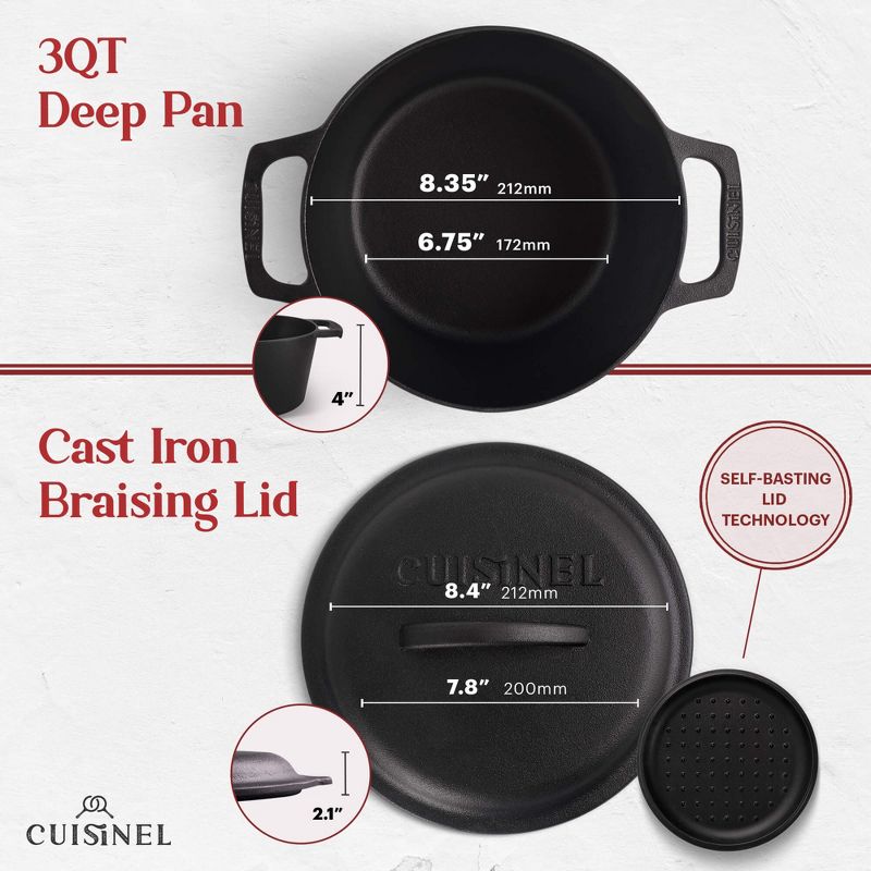 Cuisinel Cast Iron Dutch Oven - 3-Quart Deep Pot + Lid + Pan Scraper + Handle Covers, 2 of 4