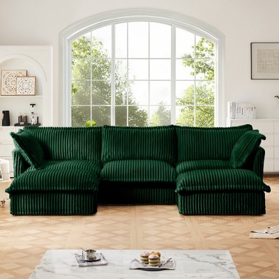 Slipcovered Sectional Sofa, 3 Seater Sofa with Removable Cover, Sofa Couch with Ottoman, Corduroy Fabric Sectional Sofas-Cuddlewood