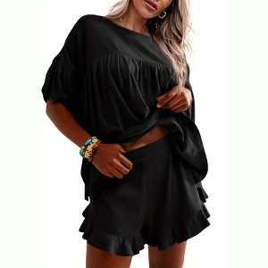 Imily Bela Womens 2 Pcs Pajama Sets Vacation Outfits Ruffle Sleeve Babydoll Tops and Shorts Lounge Matching Set - 1 of 3
