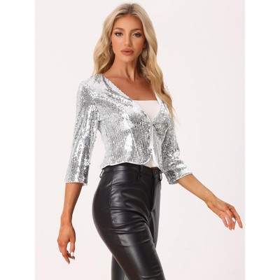 Allegra K Women's Sequin 3/4 Sleeve Open Front Party Shiny Glitter Sparkly Jacket Silver Small — фото 3