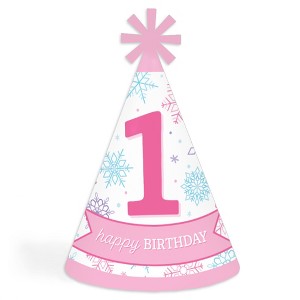 Big Dot of Happiness Pink Snowflakes 1st Birthday - Cone Happy Birthday Party Hats for Kids and Adults - Set of 8 (Standard Size) - 1 of 4