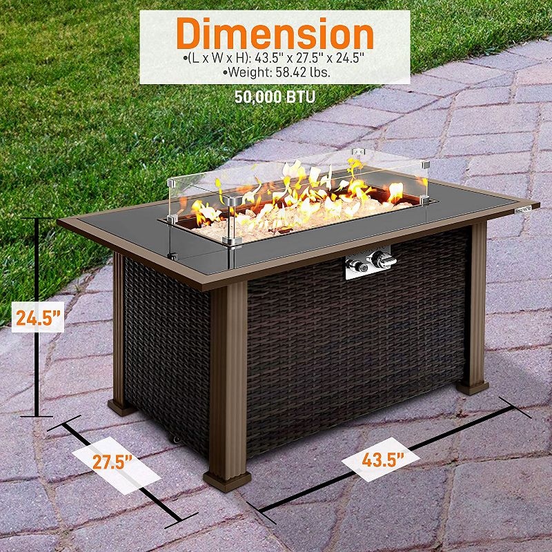 Serenelife SLFPTL Outdoor Backyard Steel Patio Liquid Propane Heated Fire Pit Table with Glass Guard, Tabletop, and Rattan Panels, Black, 3 of 8
