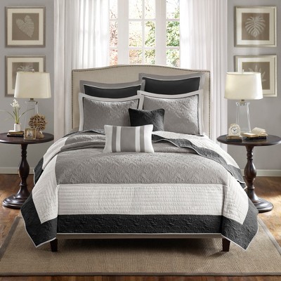 7Pcs coverlet Set Damask Quilted Transitional Bedding with Euro Shams, All Season Brushed Microfiber, Cotton-Rich Fill