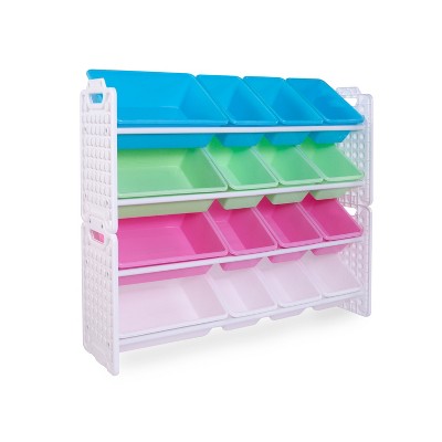 UNiPLAY Toy Organizer With 16 Removable Storage Bins and Block Play Panel, Multi-Size Bin Organizer (Pink)