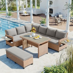 SKRAN 5-Piece Outdoor Patio Rattan Sofa Set with 2 Extendable Side Tables, Dining Table and Washable Covers for Backyard, Poolside, Indoor, Brown - 1 of 4