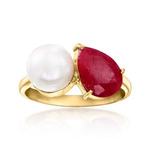 Ross-Simons 7.5-8mm Cultured Pearl and 3.00 Carat Ruby Toi Et Moi Ring in 18kt Gold Over Sterling - 1 of 4