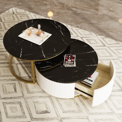 VYNXARIA Modern Round Nesting Coffee Table Set with Fluted Design and Drawer in Black & Gold (31.5'')