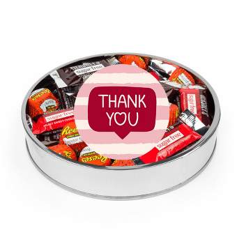 Valentine's Day Sugar Free Chocolate Gift Tin Large Plastic Tin with Sticker and Hershey's Candy & Reese's Mix - Thank You Gift - By Just Candy