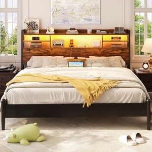Besiost Headboard with Storage shelves and Charging Station, Wood Headboard with LED Light - 1 of 4