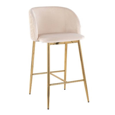 Fran Pleated Waves Gold Metal and White Velvet Counter Stools, Set of 2