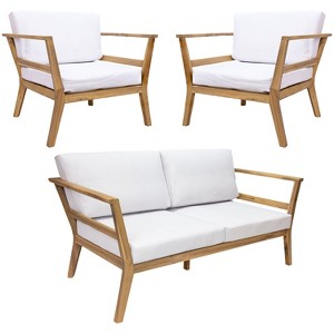 Sunnydaze Bodie Acacia Wood Patio Conversation Set with Loveseat and Armchairs - 3pc - Natural/Bone White - 1 of 4