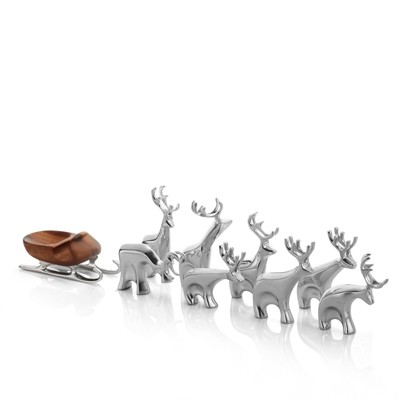 Nambe Miniature Figurin Set of 9 - Miniature Reindeer Figurines with Wooden Sleigh - Modern Holiday Figurine Set - Nambe Alloy Christmas Home Decor