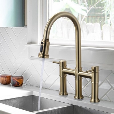 Gold Brass Double Handle Bridge Kitchen Faucet with Pull Down Sprayer