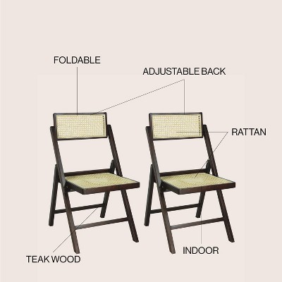 Theo Dark Brown Wood and Rattan Folding Chairs, Set of 2