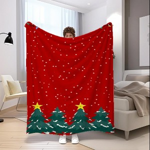 1-Pack Red Fleece Blanket with Green Pine Tree & Snowflake Christmas Pattern, White Dots & Holly Berry Border, Christmas Gift. - 1 of 4