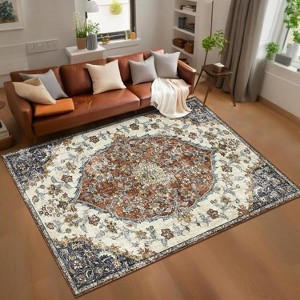 Washable Elegant Floral Rug, Thin Low Pile Carpet with Non-Slip Backing, Stain Resistant & Reinforced Edges for Living Room & Kitchen - 1 of 4