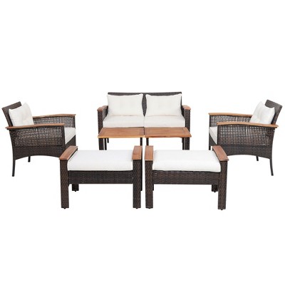 Tangkula Outdoor Wicker Coversation Set, 7 Piece, With White Cushions ...