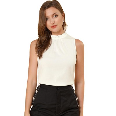 Allegra K Women's Sleeveless Frill Mock Neck Ruffle Chambray Blouse