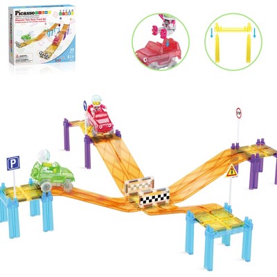 PICASSO-TILES 45 PC Race Car Tracks with Slopes for Racing Set, Magnetic Tiles, Building Blocks, STEM Toys for Kids 3+