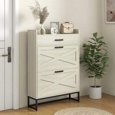 ALEXOUN Shoe Storage Cabinet,12 Pairs Farmhouse Shoe Organizer with 2 Flip Drawers and Adjustable Shelves & Top Drawer for Entryway,Hallway