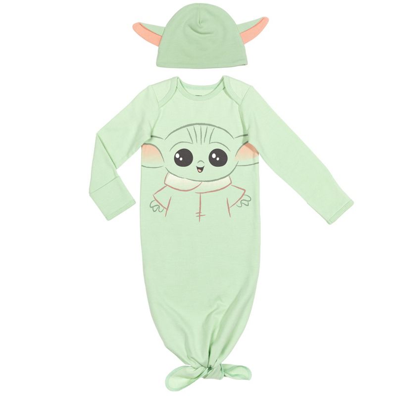 Star Wars The Mandalorian Baby Yoda Knotted Sleeper Gown Hat Green , 1 of 8