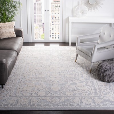 Light Grey and Cream Floral Square Synthetic Area Rug