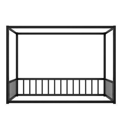 AZL1 Life Concept Beds Modern Floor Bed with Sunshade and Guardrails, Safe Low Profile House Design for Adults and Kids, Black, 77.56"*41.74"*58.27"