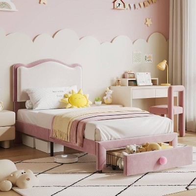 Upholstered Kids Bed Frame with Safe Headboard, Noise-Free Storage Drawer & Strong Wood Slats, Easy Assembly Platform Bed,Pink White