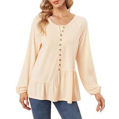 Women V Neck Long Sleeve Button Shirt Badydoll Tops Casual Asymmetrical Loose Flowy Ruffled Blouses