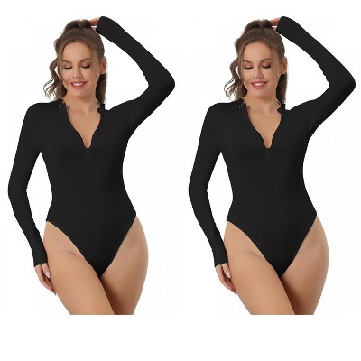 Allegra K Women's Zip Front Casual Stand Neck Long Sleeve Slimming Going Out Body Shapers 2 Packs