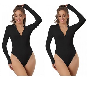 Allegra K Women's Zip Front Casual Stand Neck Long Sleeve Slimming Going Out Body Shapers 2 Packs - 1 of 4