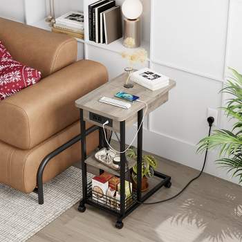 Whizmax C Shaped End Table with Charging Station, Flip Top Sofa Side Table with USB Ports and Outlets, Gray
