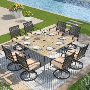 Captiva Designs 9pc Spacious Slat-top Square Metal Table with Umbrella Hole & Swivel Steel Chairs - 1 of 4