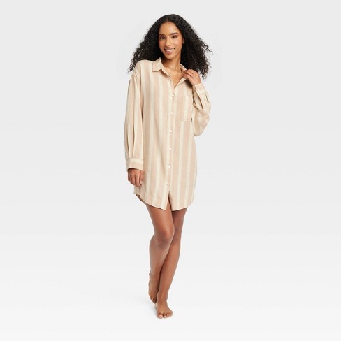 Women's Striped Linen Blend Sleep Shirtdress - Stars Above™ Tan S : Target