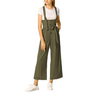 Allegra K Women's High Waist Wide Leg Belted Button Long Overalls Jumpsuit - 1 of 4