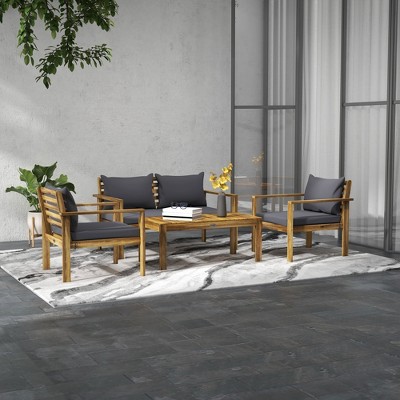 Acacia Wood 4-Piece Outdoor Patio Set with Gray Cushions
