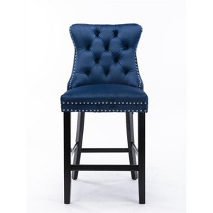 OUTSUPPLY Set of 2 Velvet Bar Stools, Button Tufted Mid-Century Design with Wood Legs & Chrome Nailheads - 1 of 4