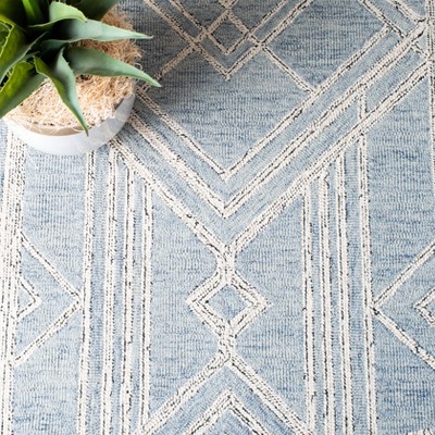 Light Blue Wool Hand-Tufted Geometric Square Rug