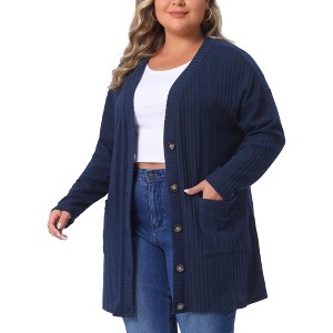 Women's Plus Size V-Neck Long Sleeve Pocket Ribbed Knit Loose Button Up Casual Cardigan - Agnes Orinda - 1 of 4