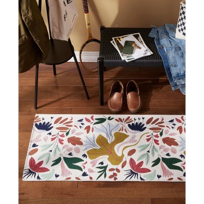 Cream Floral Synthetic Washable Non-Slip Decorative Rug, 24" x 72"